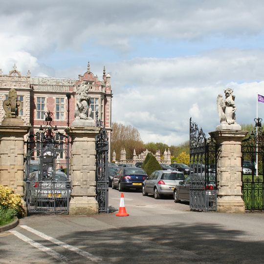 Gates, piers and wall at North end of Crewe Hall Drive