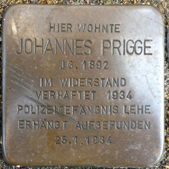Stolperstein dedicated to Johannes Prigge