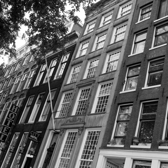 Pand met zandstenen gevel onder rechte lijst met triglyfen, consoles en opzetstuk en met gebeeldhouwde versiering van de middelste vensteras