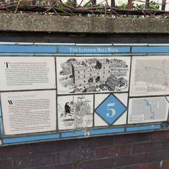 London Wall: remains of Roman wall, bastions and city gate of Aldgate from 17 Bevis Marks to India Street