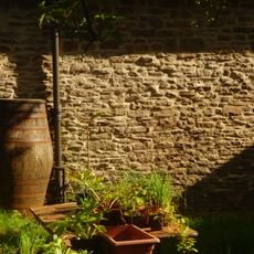 Garden walls to SE of Cedar Garden, inc gate piers, gates and flanking workshops