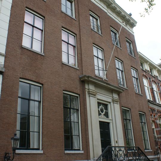 Dubbel huis met gevel, voorzien van een middenrisaliet, onder rechte triglyfenlijst