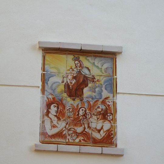 Ceramic panel of Our Lady of Mount Carmel and Souls in Purgatory