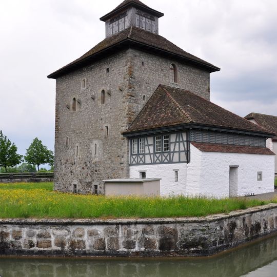 Abbey governor's office with castle tower and moat
