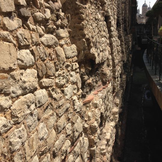 London Wall: remains of medieval and Roman wall extending 75yds N from Trinity Place to railway