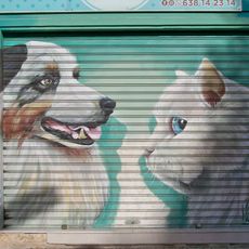 Mural en la persiana de cierre de la peluquería de mascotas Estilo Canino con la imagen de un perro y un gato.