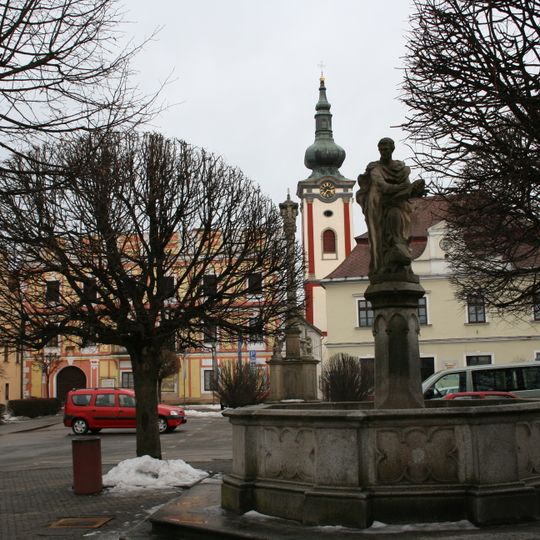 Fountain with a statue of St. Luke in Nová Bystřice