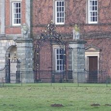 Inner gate piers, gates and railings to Okeover Hall