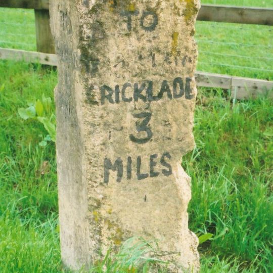 Milestone, Minety Road; Calowe Hill, in front of Brookdeen House by drive to Leighfield Lodge Farm