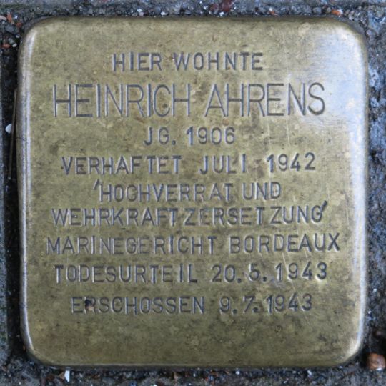 Stolperstein dedicated to Heinrich Ahrens