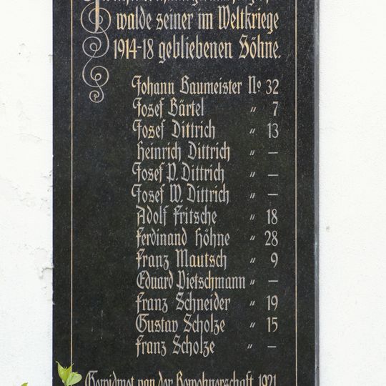 Pamětní deska obětem 1. světové války na stěně kaple svatého Václava ve Starém Hraběcí