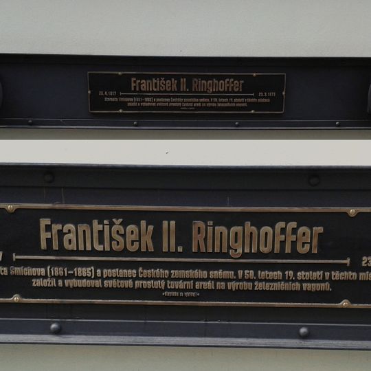 Pamětní deska Františka II. Ringhoffera na bývalé tovární hale na Smíchově