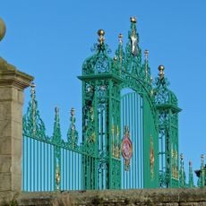 Entrance piers, gates and bridge to Mostyn Hall