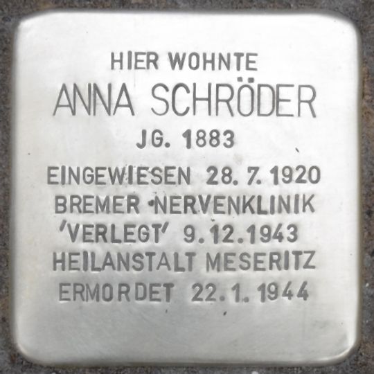 Stolperstein dedicated to Anna Elisabeth Schröder