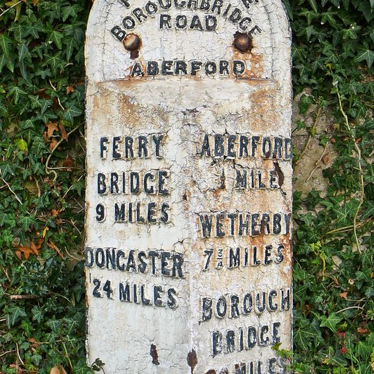 Milepost Against Wall Of Garden To St Wilfrids Roman Catholic Church