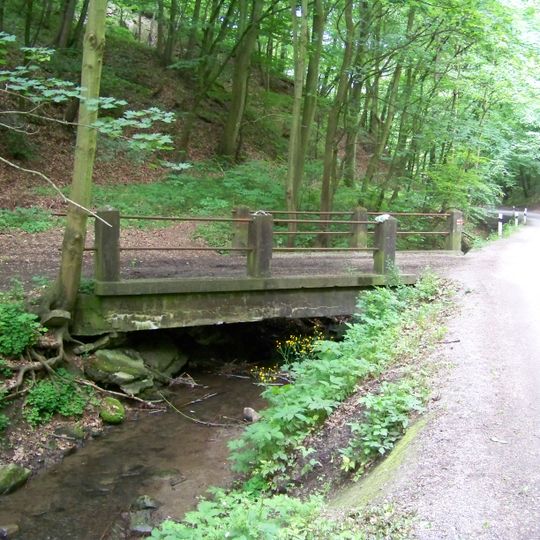 Můstek přes Budňanský potok na odbočení cesty ze silnice III/11620 nad Karlštejnem po okraji lesa