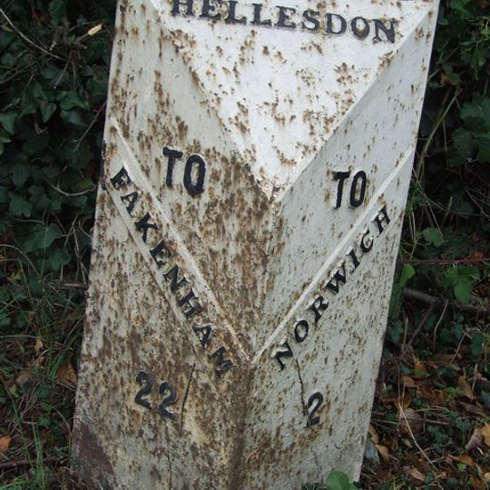Milepost, 190yds W of entrance to Royal Norwich Golf Club. Opp. school playing fields