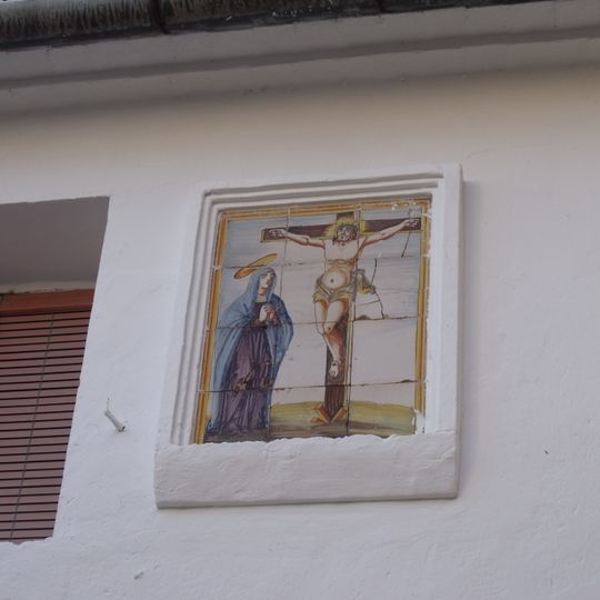 Ceramic panel of Our Lady of the Sorrows and Christ on the Cross