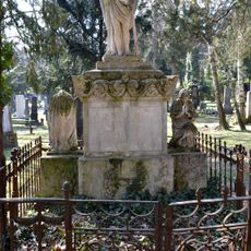 Ev. cintorín Kozia brána, náhrobník so sochami a mrežovou ohradou