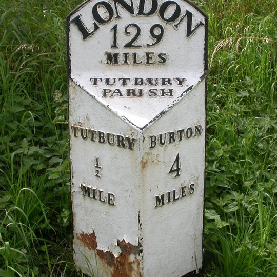 Milepost, S end of Tutbury by-pass, just E of on roundabout