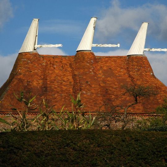 Oasthouses and barn at Great Dixter to the north west of the house